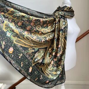 Huge Paisley Floral Scarf Shawl Wrap Black Green Gold Viscose Silk Blend Upscale